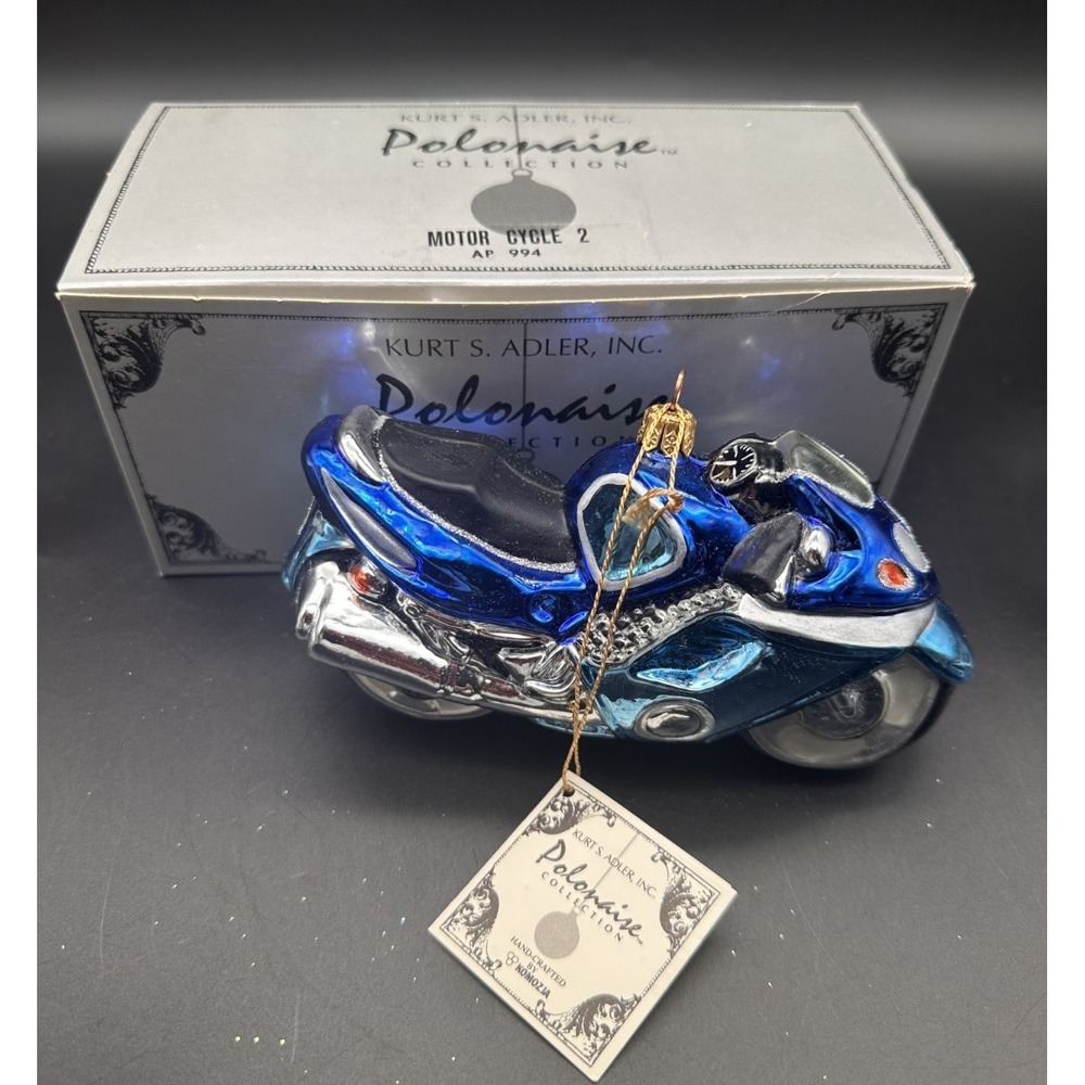 KURT ADLER POLONAISE MOTORCYCLE 2 ORNAMENT AP994 3" X 6" BLUE MOTORCYCLE‎